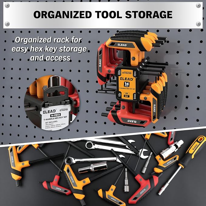 ELEAD 14-Piece T-handle Allen Wrench Set, Metric 2.5mm-10mm & SAE 1/8"-3/8" Portable Hex Key, Long Arm Allen Key Set with Storage Rack for Basic Home Repair and Mechanical Maintenance