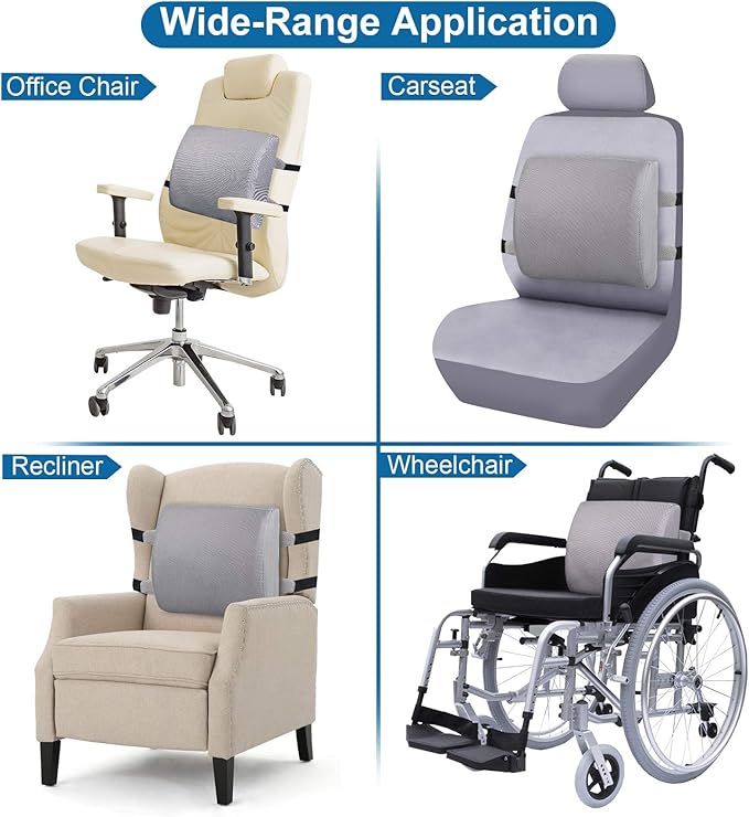 Lumbar Pillow for Chair and Car, Back Support for Office, Memory Foam Cushion with Mesh Cover - Gray