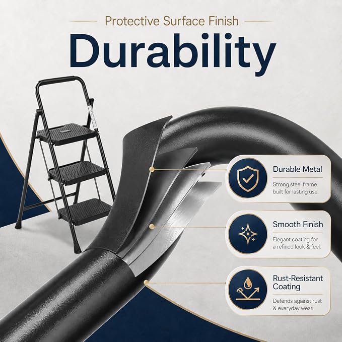 Simple Deluxe 3-Step Ladder, Heavy Duty, 800 lbs, Dark Brown Metal, Ready to Use, Foldable, Space-Saving, Non-Slip, Wide Platform