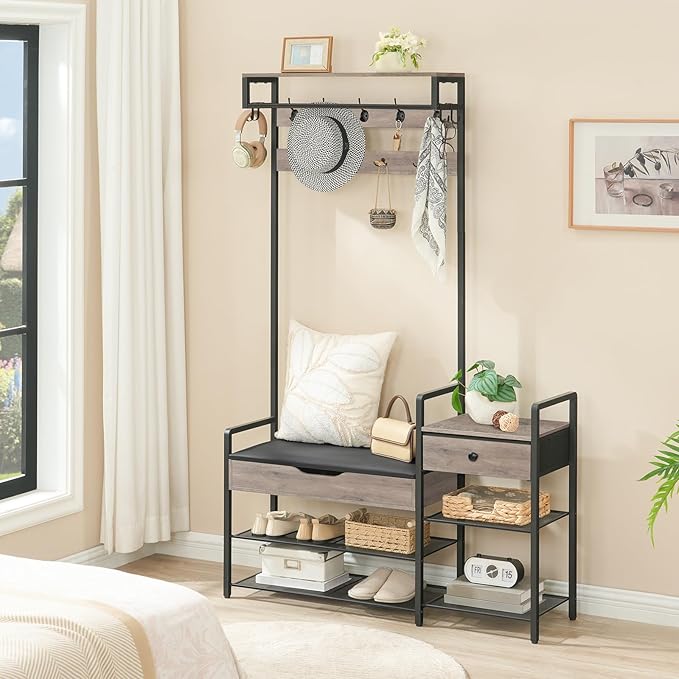 HOOBRO Hall Tree with Bench, Shoe and Coat Rack for Entryway, Coat Rack with Bench, Flip Top Storage Box, PU Cushioned Seat, Non-Woven Fabric Drawer, for Entrance, Greige and Black BG110MT01