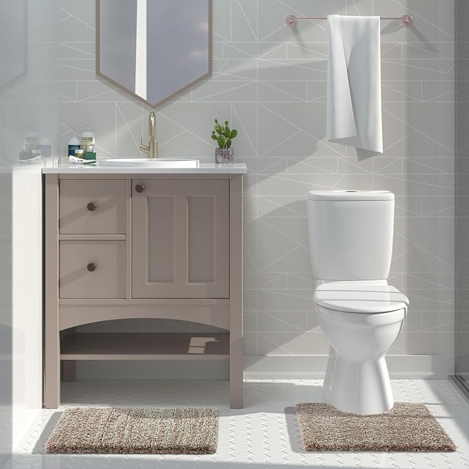 Yimobra Toilet Rugs U Shaped Washable 24X20, Ultra Soft and Water Absorbent Bath Mats, Non Slip Fluffy Shaggy Luxury Microfiber Contour Bath Rugs for Toilet, Dry Quick, Light Brown and White
