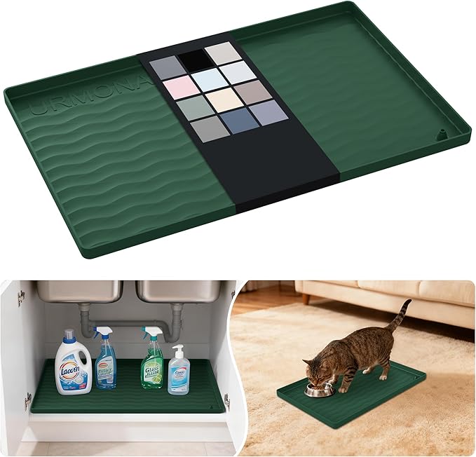 URMONA Waterproof Silicone Under Sink Mat 19'' x 12'' Shelf Liner for Kitchen and Bathroom, Cabinet and Counter Protector, Storage and Organizers, Litter Mat, Pet Cat Puppy Essentials(Green)