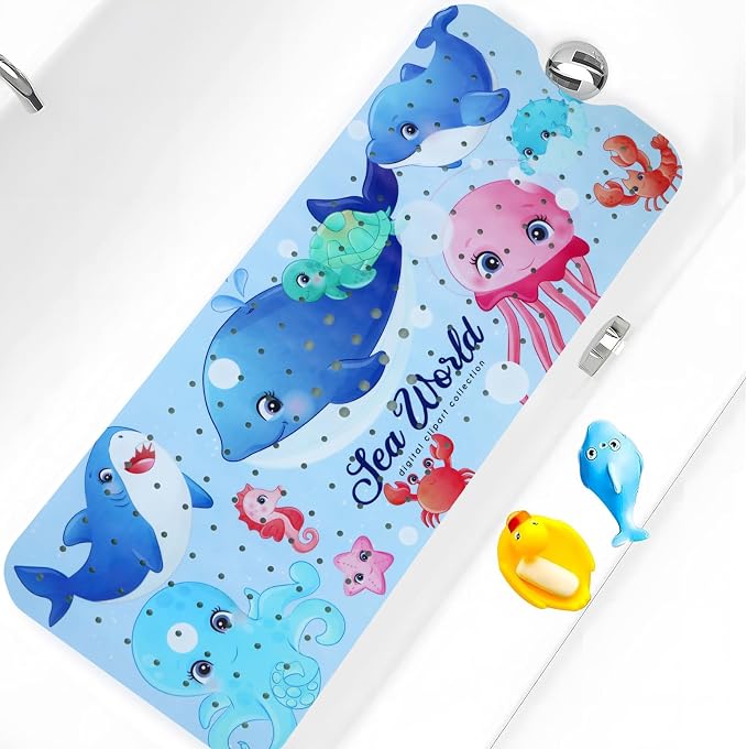 Bath Tub Shower Mat Non Slip Kids Bathtub Mat Anti Slip Baby Bath Mat for Tub 40 x 16 Inch Extra Long Toddler Bath Mat with Suction Cups and Drain Holes for Bathroom Floor,Machine Washable,Big Whale