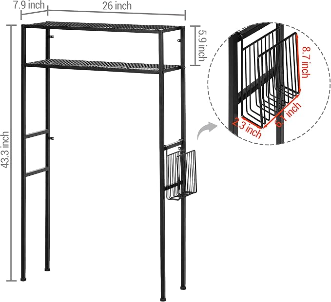 MyGift 2-Tier Over The Toilet Storage Rack, Over Toilet Bathroom Organizer, Freestanding Above Toilet Shelf with Removable Magazine Holder Basket, Black Metal Cabinet for Laundry Space Saver