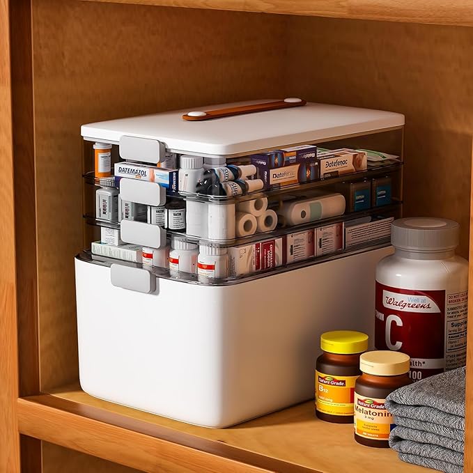 funest 4- Tier Medicine Storage Box Organizer Portable First Aid kit Box Sewing, Art, Craft with Handle, Multipurpose Medical Supply Organizer with Removable Tray 4-Tier Medicine Organizer Set
