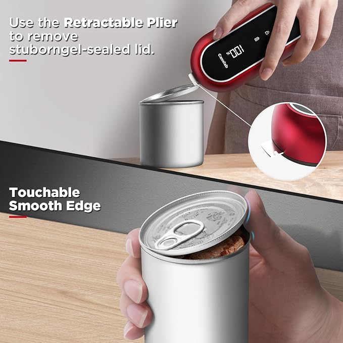 Canslab Turbo - Auto Shut Off Rechargeable Electric Can Openers - LED Battery Display USB Automatic Can Openerfor Kitchen for Seniors with Arthritis - One Touch Side Cut Can Opener Smooth Edge, Red