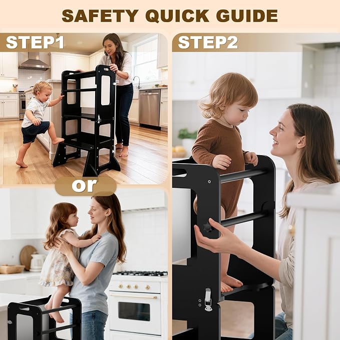Woodure 4-in-1 Toddler Kitchen Step Stool, Learning Standing Tower with Whiteboard, Wooden Kitchen Stool Helper for Kids, 1-3 Year Old Boy Girl Gifts-Black