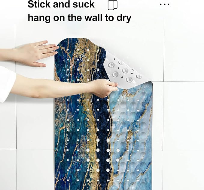 LNOND Marble Bath Tub Mat Non Slip, Extra Long 40 X 16 Inch Anti Slip Mat for Bathtub, Blue and Gold Marble Shower Mat with Drain Holes and Suction Cups, Machine Washable