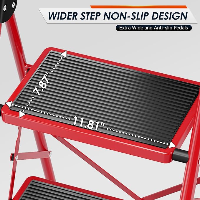 Urackify Step Ladder, 4 Step Ladder with Anti-Slip and Wide Pedal, Portable Foldable Step Stool with Handgrip, Sturdy Step Ladder for Home Kitchen Household, Red