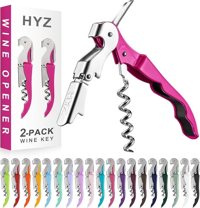 HYZ 2-Pack Wine Opener Waiter Corkscrew, Professional Wine Key for Servers, Bartender with Foil Cutter, Manual Wine Bottle Opener Double Hinged (Fuchsia)
