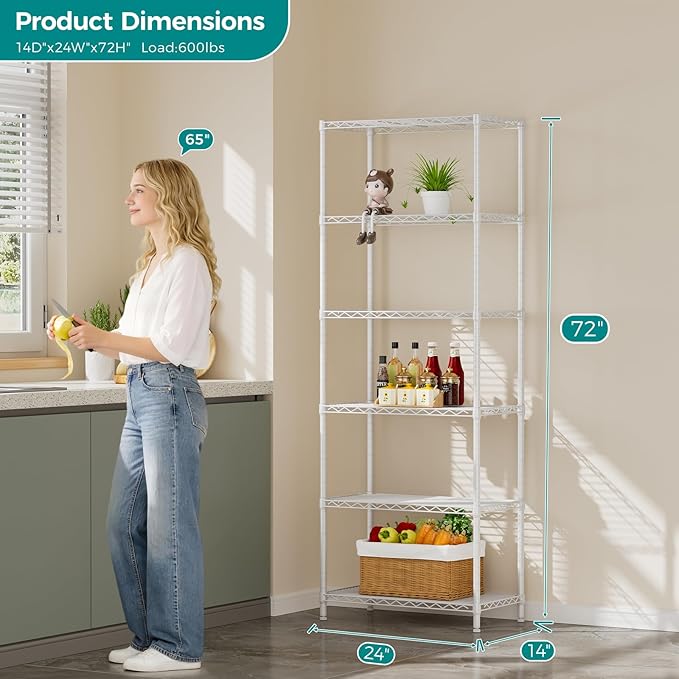 SINGAYE Shelf Wire Shelving Adjustable Storage Shelves Rack Standing Units for Kitchen Closet Laundry Bathroom Organizers Metal Pantry Narrow Mesh Gaps 14" D x 24" W x 72" H White