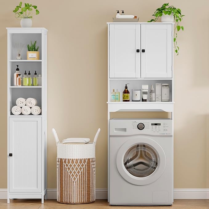 RRX Over The Toilet Storage Cabinet,Bathroom Above Toilet Cabinets Organizer, 24.8" L x 9.1 "W x 65.7 "H Free Standing Toilet Rack with Adjustable Shelf and Open Storage,Double Doors(Pure White)