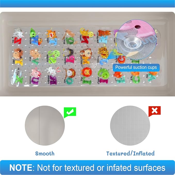 Bath Mat for Tub Non Slip, Machine Washable Anti Slip Cartoon Baby Bathtub Shower Mat with Drain Holes and Suction Cups for Toddler & Kids, 40 Inch x 16 Inch-Rectangular, 26 Alphabet