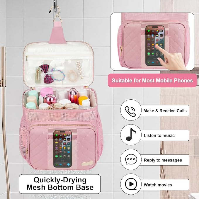 Portable Shower Caddy College Dorm Essentials, Large Toiletry Bag for Women Men, 2 Layers Quickly Dry Mesh Bathroom Tote Bag, Hanging Makeup Organizer Bag for Travel, Gym, Camping (Pink)