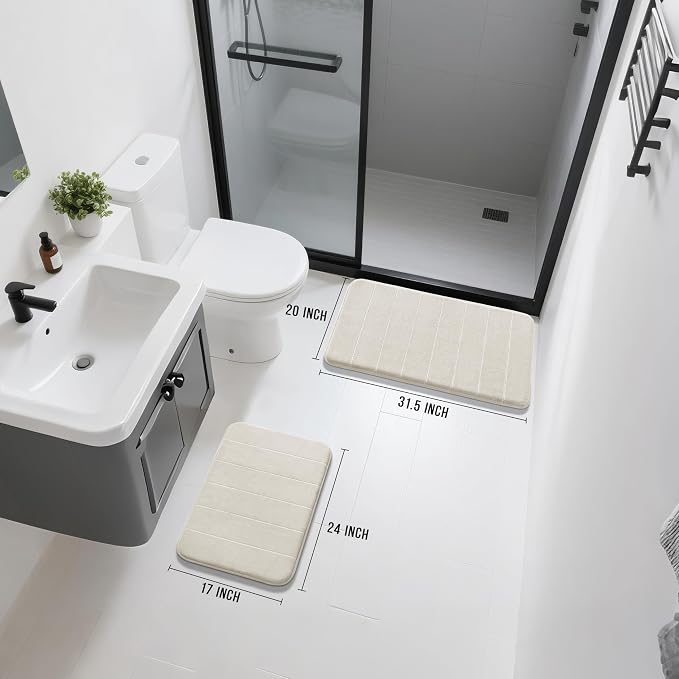 Yimobra Memory Foam Bathroom Rugs Sets 2 Piece - Super Soft Absorbent Quick Dry Bath Mat Set, Machine Washable Non Slip Floor Carpet for Tub Shower & Single Sink (17x24 & 31.5x20 Inch, Cream White)