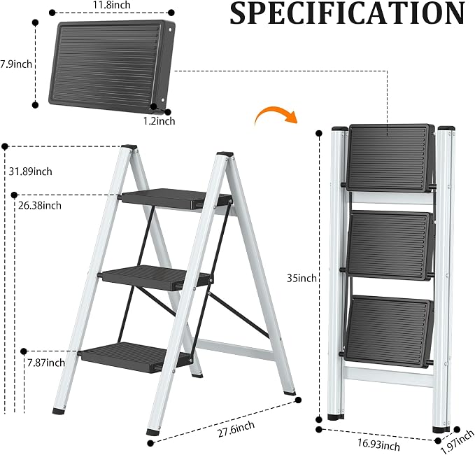 DIAMONDFORGE 3 Step Ladder, Lightweight Folding Step with Wide Anti-Slip Pedal & Feet, 330 lbs Capacity,Sturdy Steel Step Ladder for Home,Office and Library,Gray Black
