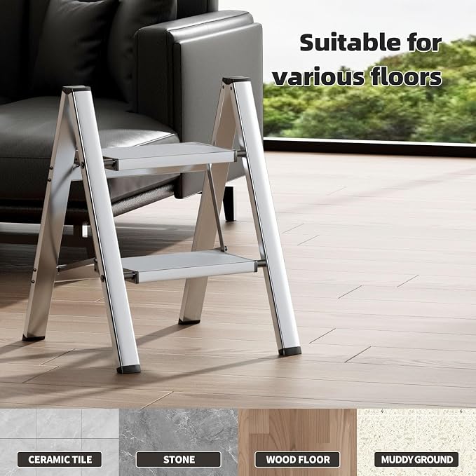 HillhutApex 2 Step Ladder, Lightweight Portable 2 Step Stool with Anti-Slip Wide Pedal,330lbs Capacity Aluminum Ladder for Household,Office,Library(Silver)
