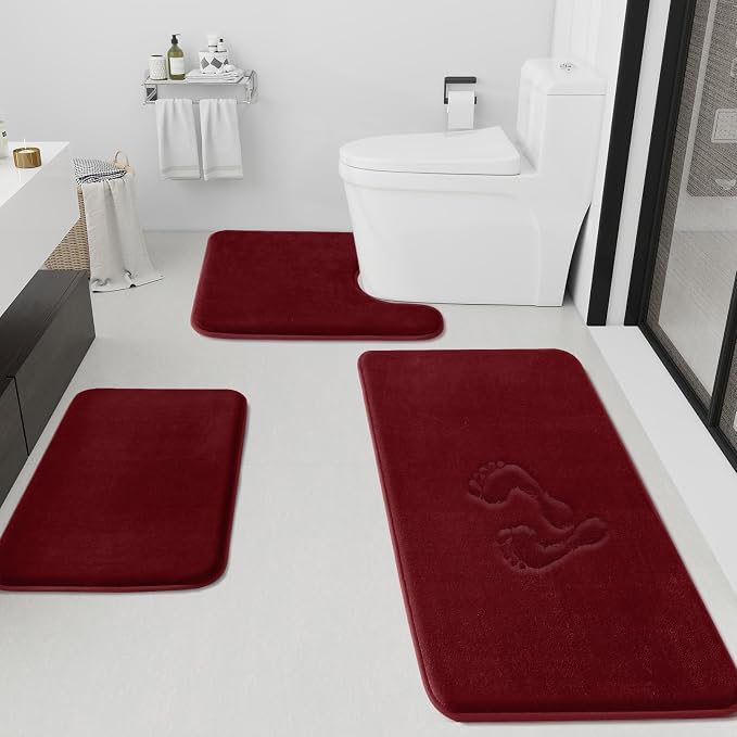 HUXMEYSON Bathroom Rugs Sets 3 Piece, Non-Slip & Quick Dry Bath Mat Set, Ultra Soft Velvet Bath Rugs for Bathroom, Toilet and Shower Floor, Red
