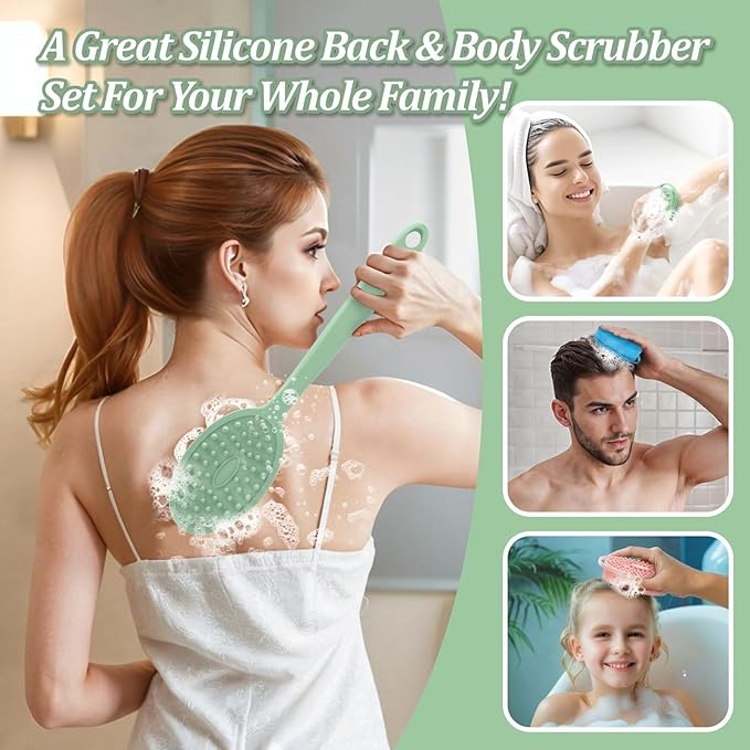 Silicone Back Scrubber & Bath Glove Set 2PCS, 13.4'' Gentle Shower Back Scrubber with Dual-Side Head Non-Slip Handle, 360° Anti-Slip Hand-fit Bath Glove for Rich Foaming Deep Cleaning(Green)