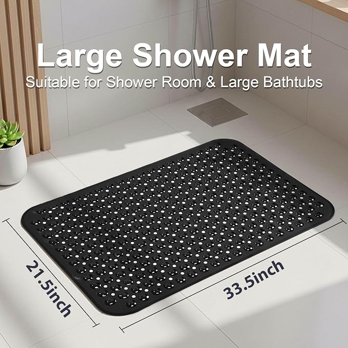 Large Shower Mat 21.5x33.5 Inch Black, Soft Non Slip Shower Mats for Inside Shower with Big Suction Cups Drain Holes, Extra Large Bath Bathtub Mat Floor Stall Mats, BPA-Free, Easy Clean
