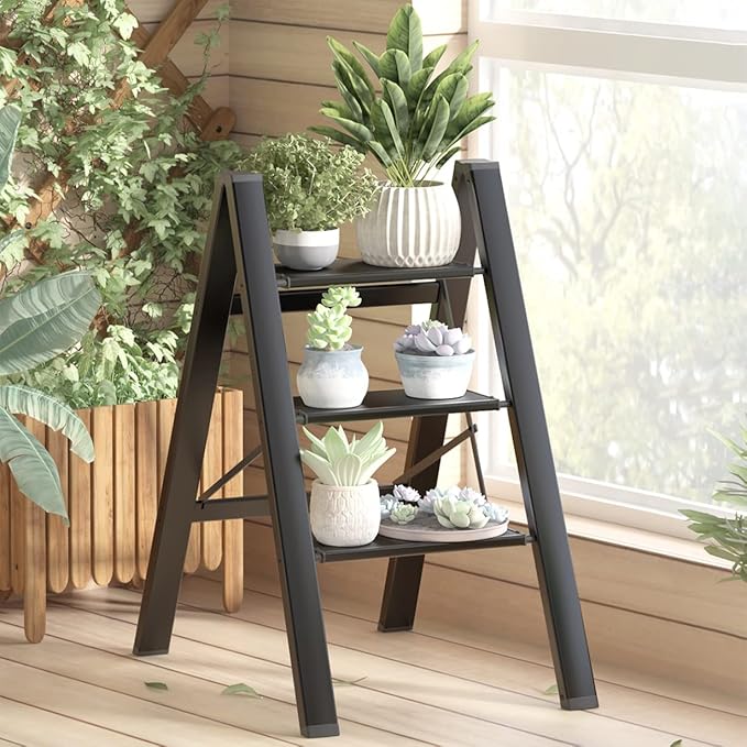 3 Step Ladder, Aluminum Folding Step Stool with Anti-Slip Sturdy and Wide Pedal, Lightweight Portable Stepladder for Home and Kitchen Use Space Saving, Black, 330 lbs