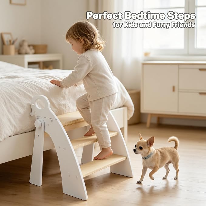 Step Stool for Toddlers, 3-Step Kids Step Stool for Bathroom Sink, Foldable Toilet Potty Training Bamboo Wooden Stool with Handles and Non-Slip Pads for Bedroom, Kitchen Stool Helper, White