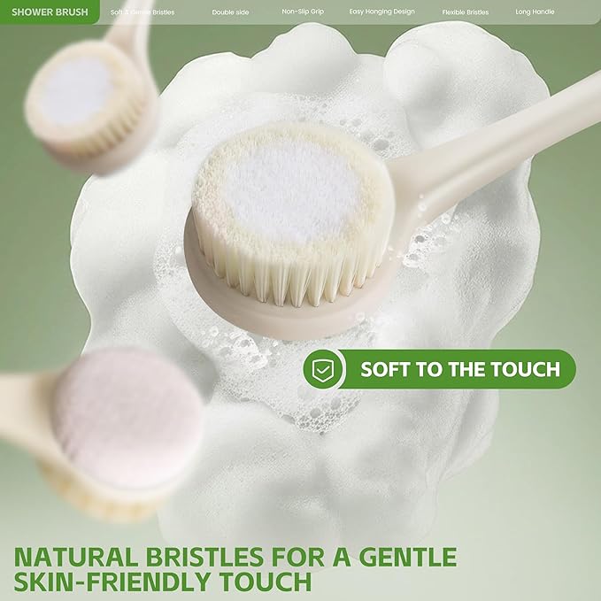 Back Scrubber for Shower with Long Handle, Dual-Sided Bath Brush with Soft Bristles & 150D Exfoliating Cloth, Anti-Slip Grip, Lightweight Back Washer for Shower, Men & Women (Light Yellow)