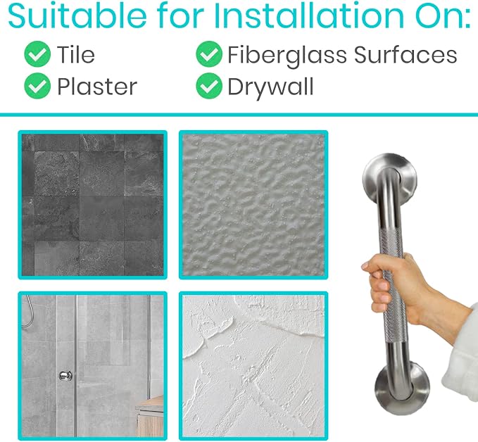 Vive Shower Bars for Elderly - Grab Bar Bathroom Antislip Handrail for Seniors, Elderly Assistance Product, Heavy Duty Shower Handles, Handicap, Stainless Steel, Multipurpose, 440 lbs