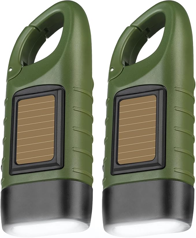 SEANCHEER Hand Crank Solar Powered Flashlights,Compact Emergency Rechargeable LED Flashlight Handheld Survival Flashlight,Quick Snap Carbiner Dynamo Flashlight for Outdoor,Sports,Hiking-2 Packs Green
