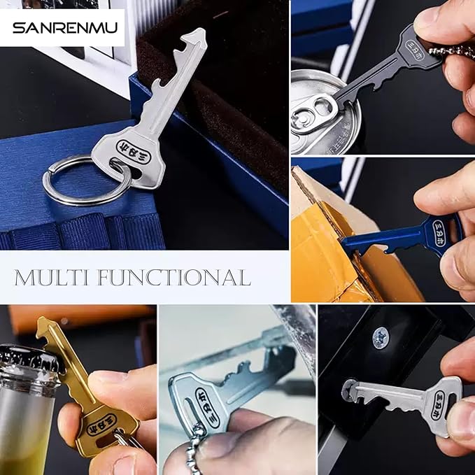 Sanrenmu Keychain GJ040 Pry Bar Multi Tool with Bottle Opener Screwdriver Wheel Spoke Wrench Function Stainless Steel Small Keychain (Blue)