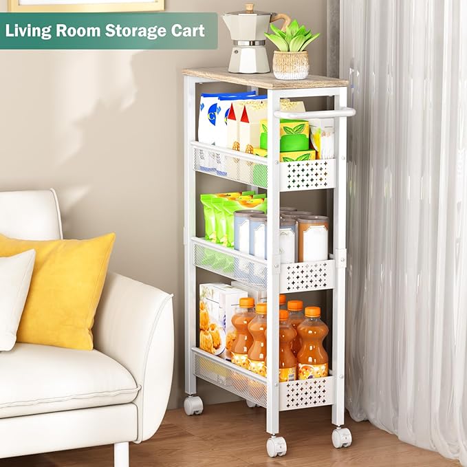 Vivihomety Utility Slim Storage Cart, 4 Tier Small Rolling Kitchen Laundry Room Cart with Wood Top, Metal Bathroom Storage Cabinet Mobile Shelf Unit Organizer Trolley with Handle for Narrow Space