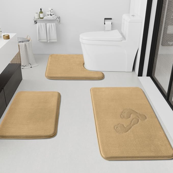 HUXMEYSON Bathroom Rugs Sets 3 Piece, Non-Slip & Quick Dry Bath Mat Set, Ultra Soft Velvet Bath Rugs for Bathroom, Toilet and Shower Floor, Khaki