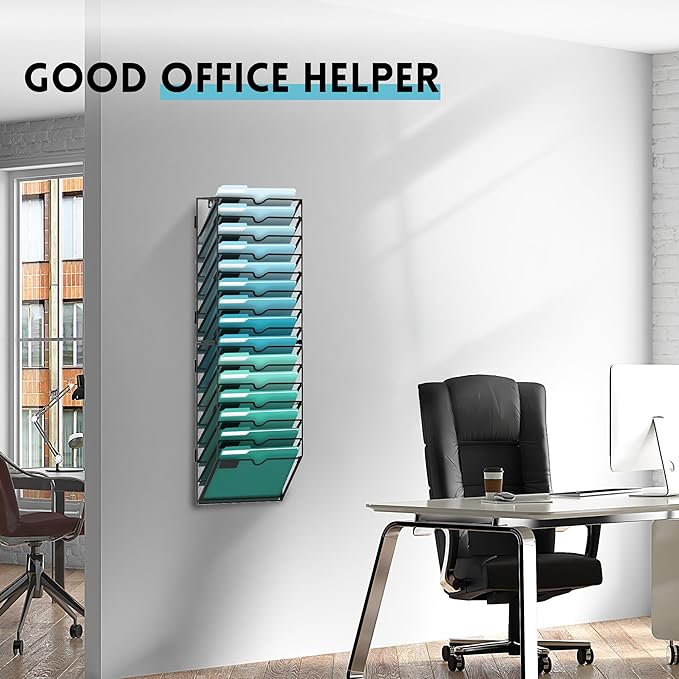 SUPEASY 15-Tier Wall File Organizer, Hanging Wall Files for Papers, Folders, Magazines, Clipboard, Wall Organizer for Office Home School Classroom, Black