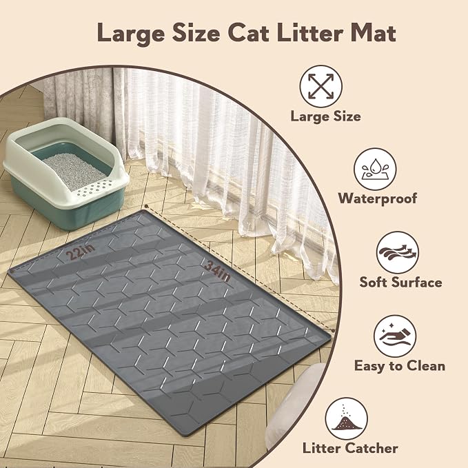 Garoopion Cat Litter Box Mat, Large 34.05×22.5 inch Cat Litter Mat, Waterproof Silicone Pad for Floor, Dark Gray