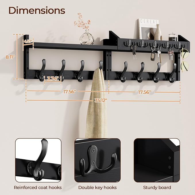 Evermagin 35" Coat Rack Wall Mount with Shelf, 4 in 1 Wall Mounted Coat and Key Hanger with 13 Hooks, Entryway Key Holder with Mail Holder for Living Room, Bedroom, Black