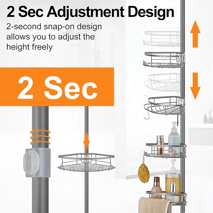 DUFU Corner Shower Caddy Tension Pole, Tension Rod Organizer, 4-Tier Adjustable Floor to Ceiling Shower Caddy 33-127inch, No Drilling Shower Shelf for Inside Shower (Gray)