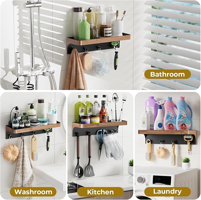 Shower Caddy Adhesive, Shower Shelve for Inside Shower, Bathroom Organizers and Storage for Accessories Holder, Rustproof Bathroom Wall Shower Rack Organize with 5 Hooks, No-drill, Wood
