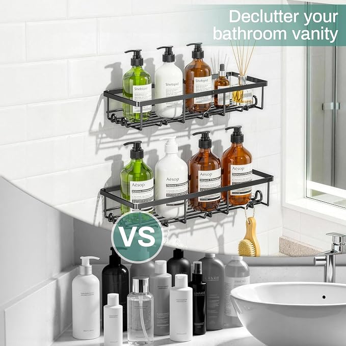 Shower Shelves for Inside Shower, 2 Pack Adhesive Bathroom Caddy Organizer Basket Rack for Storage and Organization, Wall Suction Bath Bathtub Shampoo Holder Set for RV Camper, Black