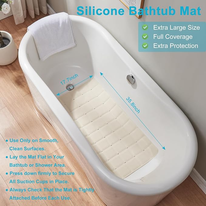 Webos Non-Slip Bath Mat for Tub & Shower：Silicone Foldable Bathtub Mat with Strong Suction Cups, Quick Drain Holes, Machine Washable Extra Large Bathroom Mats 35.8" x 17.7", Beige