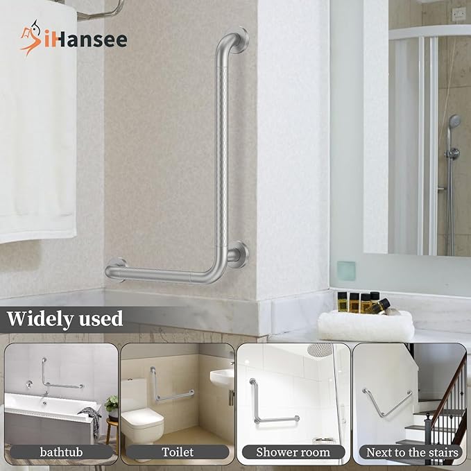 Brushed Nickel Angled Grab Bar 16x24 Inch, iHansee Bathroom Safety Bar w/Anti-Slip Knurled Grip, Wall Mount L Shaped Shower Handle for Elderly Senior Handicap, Toilet Bathtub Balance Support Bar