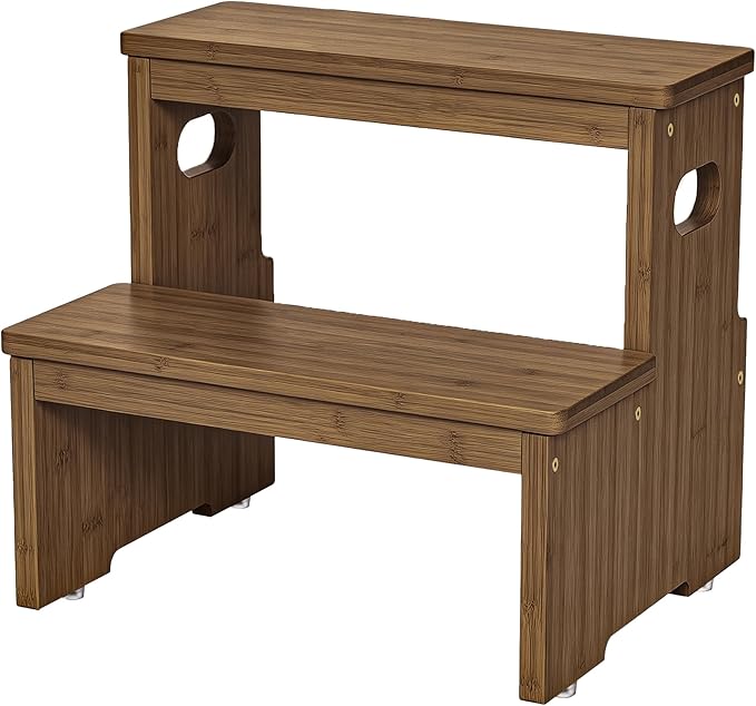 Two Step Stool for Adults and Kids, 450lbs Heavy Duty Step Stool, Bamboo Step Stool for High Beds, Portable Helper Step Stairs for Kids, for Kitchen, Bathroom, RV, Bedside Step Stool, Walnut
