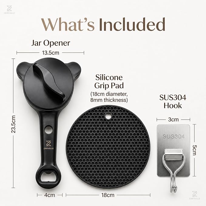 Jar Opener for Seniors with Arthritis, Easy Grip Adjustable Lid & Bottle Opener Set with Non-Slip Silicone Pad & Stainless Steel Hook, Black