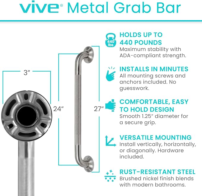Vive Shower Bars for Elderly - Grab Bar Bathroom Antislip Handrail for Seniors, Elderly Assistance Product, Heavy Duty Shower Handles, Handicap, Stainless Steel, Multipurpose, 440 lbs