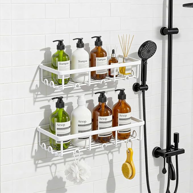 White Shower Caddy Organizer, 2 Pack Adhesive Shampoo Holder Basket Shelves for Storage and Organization, Wall Suction Bath Bathtub Rack Set for RV Camper, Bathroom Restroom Decor and Accessories
