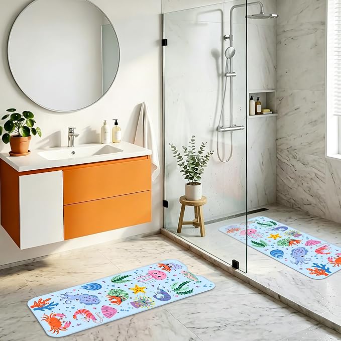 Bath Mats for Tub Kids Baby, Large Cartoon Sea Baby Bathtub Mat Non Slip, Machine Washable, 40"x16" Long Tub Mats with Suction Cups & Drain Holes, Non Slip Baby Shower Mat for Toddler(Sea Animal)
