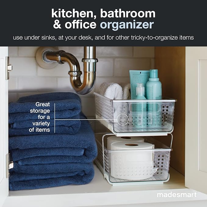 madesmart 2 Tier Organizer, Under Cabinet Storage with Pull Out Sliding Drawers, for Cleaning Supplies, Undersink Storage, Sponges, Bottles & Bath, Adjustable Dividers & Pull Out Baskets, Clear