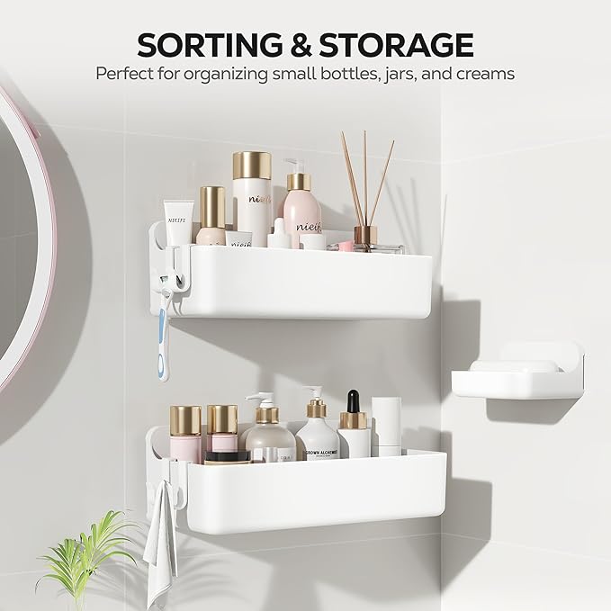 Nieifi Adhesive Wall Shelf, Shower Shelves, Shower Organizer for Bathroom Organization (White, 3 pieces)
