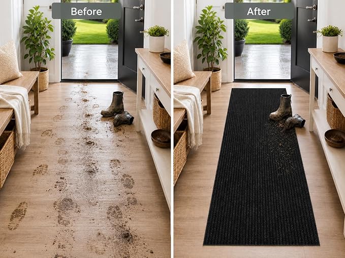 Ottomanson Hallway Runner Rug 2' x 6' Durable Non-Slip Mat with Scraper Pile for Indoor & Outdoor Use - Ideal for Kitchen, Entryway, Patio & Garage - High-Traffic Carpet, Black