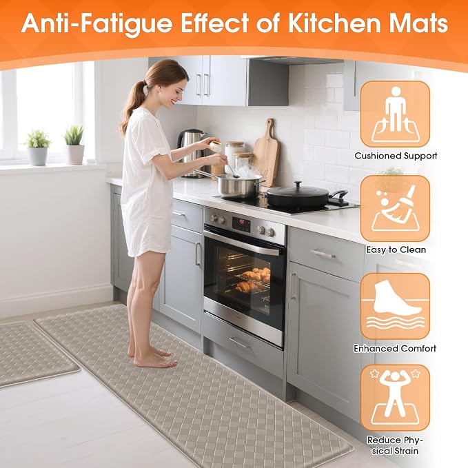 TranquilRelax Kitchen Mats, 2PCS Kitchen Rugs, Cushioned Anti Fatigue Kitchen Mats for Floor, Non-Slip Standing Desk Mat, Waterproof Kitchen Rug Set for Kitchen Floor Office,17.3"×30"+17.3"×59" Brown