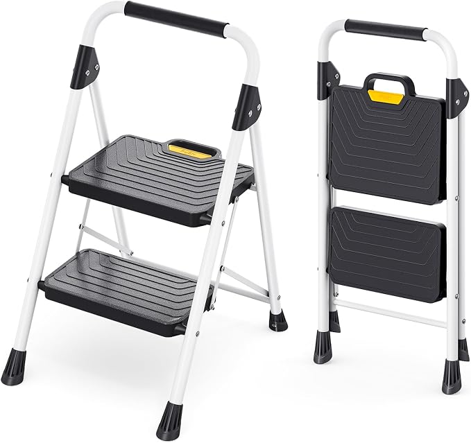 KINGRACK 2 Step Ladder, Folding Step Stool with Comfortable Handrail, Wide Anti-Slip Pedals & Safe-Lock Design, 800lbs Load Capacity, Sturdy Steel Portable Ladder, Perfect for Home and Kitchen, White